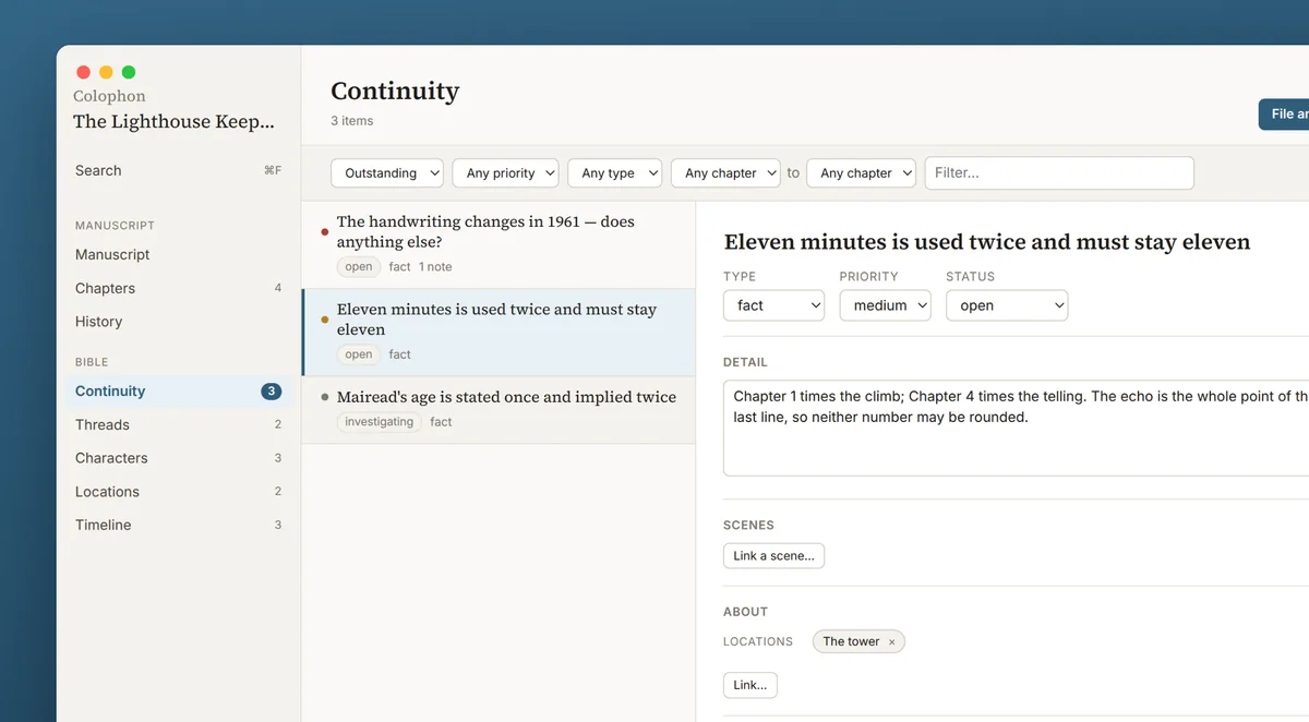 The Continuity screen: three items, one selected, with its type, priority, status and the scenes it is linked to.