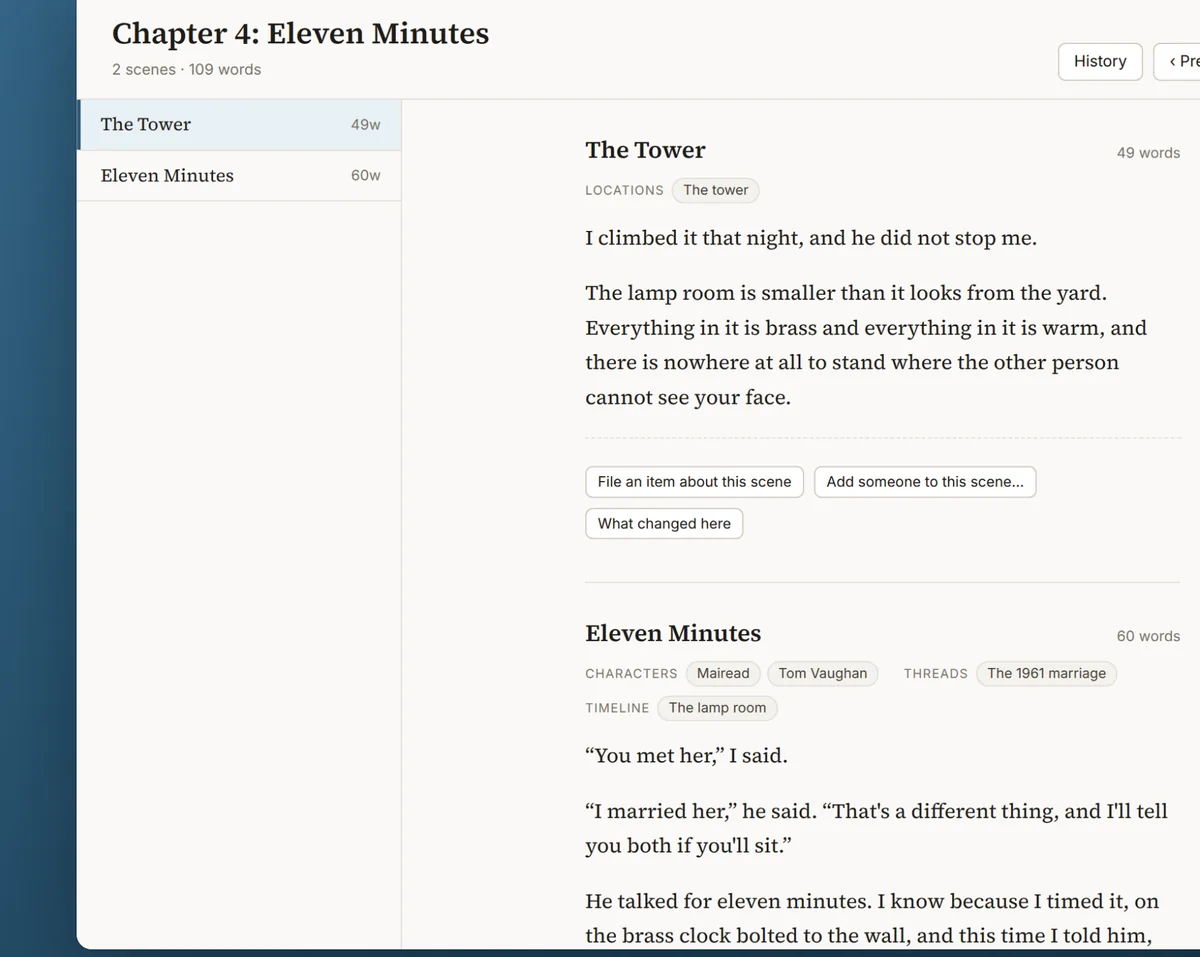 Chapter 4 open in the reader, two scenes in the margin and the first scene's text set in a serif face.