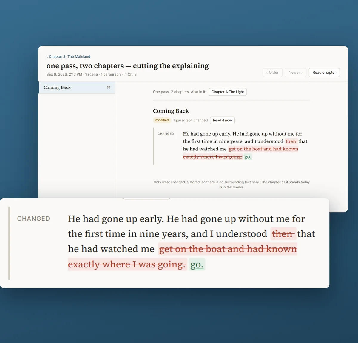 A recorded revision: one paragraph with a struck-through clause and the new words underlined.