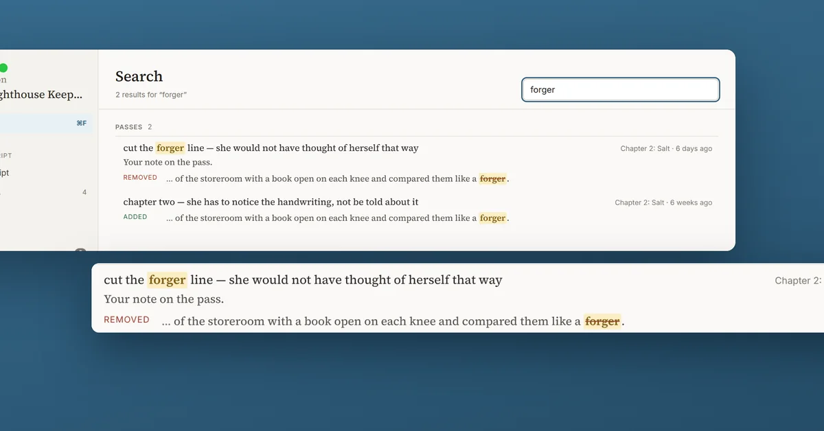 Search for the word forger, finding it in a passage that a recorded revision removed.